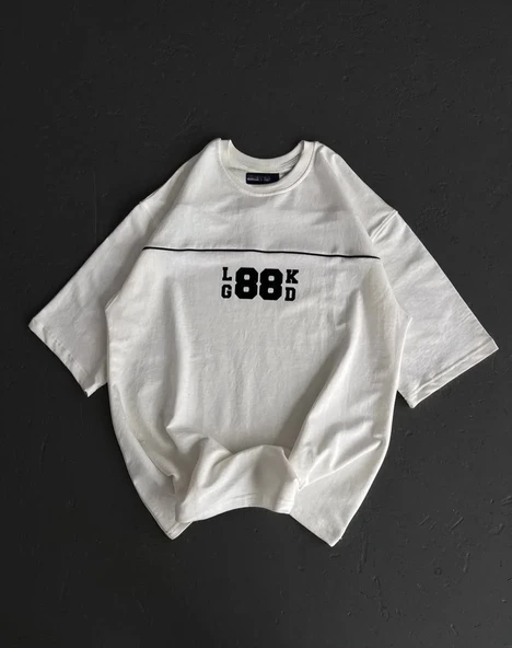 Unisex Bisiklet Yaka Baskılı Oversize T-shirt - Beyaz ürün görseli 1