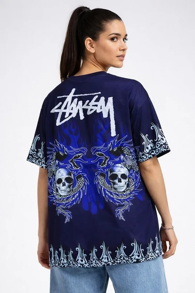 Kadın Lacivert Oversize Tişört Dragon & Kuru Kafa Baskılı Bisiklet Yaka T-shirt - Lacivert ürün görseli 1