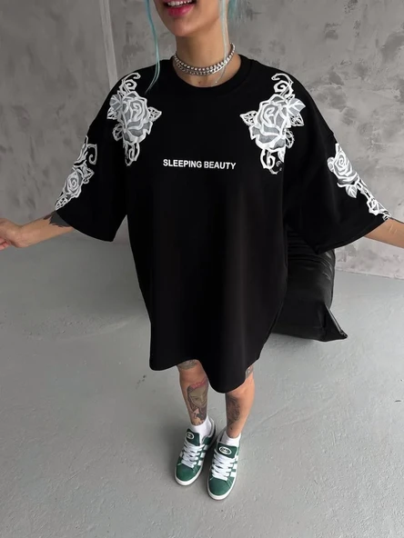 Unisex Flok Kabartma Baskılı T-shirt - Siyah ürün görseli 1