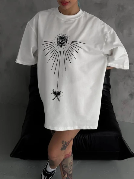 Unisex Bisiklet Yaka Baskılı Oversize T-shirt - Beyaz ürün görseli 1
