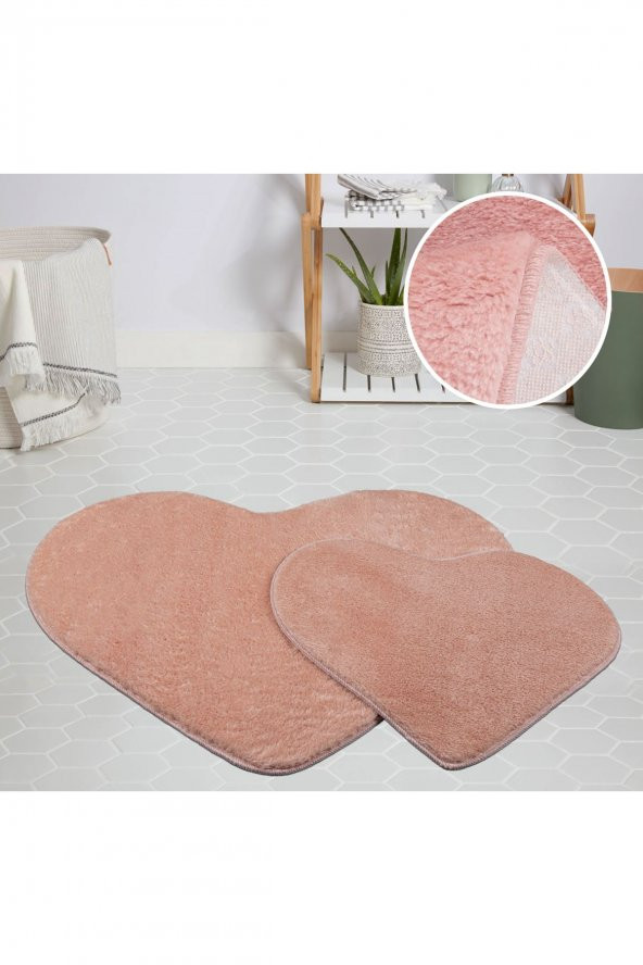 My Evilla Modern Dekoratif Halı Jel Kaymaz Taban Peluş Puffy Kalp Model Pembe Paspas Takımı 70x100-70x60 ürün görseli 1