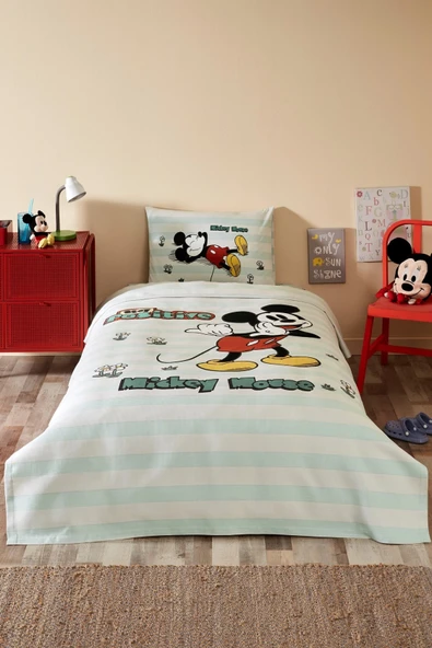 Özdilek Lisanslı Lastikli Çarşaflı Tek Kişilik Çocuk Pike Takımı-Mickey Positive Mint ürün görseli 1