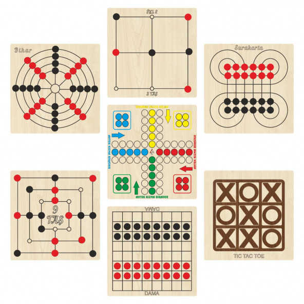 Ahşap Zeka ve Strateji Oyun Seti 7 li, Kızma Birader+Dama+3 Taş+9 Taş+Bihar+Surakarta ve Tic-Tac-Toe ürün görseli 1