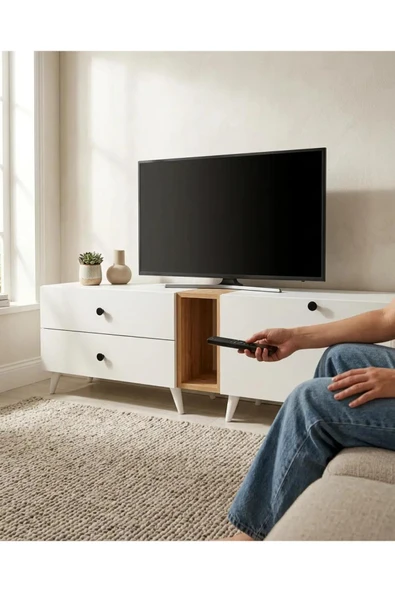Projemob Miramob 2 Çekmeceli ve 2 Kapaklı Modern TV Ünitesi 149 cm Ayaklı TV Sehpası Safir Meşe Beyaz ürün görseli 1