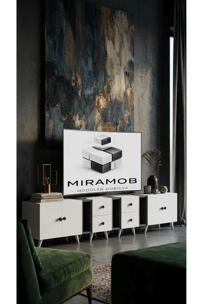 Projemob Miramob 4 Kapaklı ve 4 Çekmeceli TV Ünitesi 248 cm Geniş Duvar Ünitesi Ayaklı Antrasit Beyaz ürün görseli 1