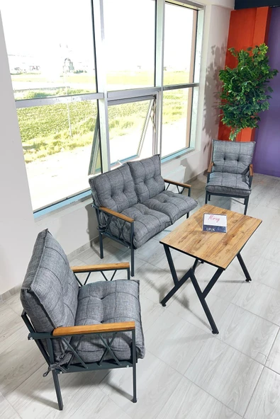 UFUK HOME Miray 211 Masalı Gri Fermuarlı Bahçe Balkon Takımı, Salon, Teras- Berjer Düğmeli Metal Çay Seti ürün görseli 1
