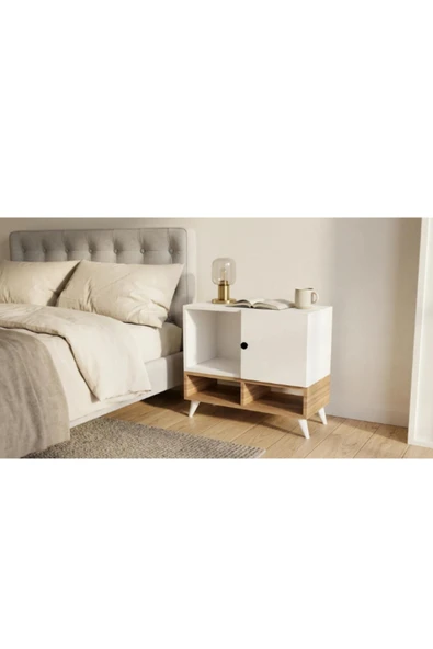 Projemob Miramob Kapaklı ve 3 Bölmeli Modern Başucu Sehpası Geniş Komodin Beyaz Safir Meşe ürün görseli 1