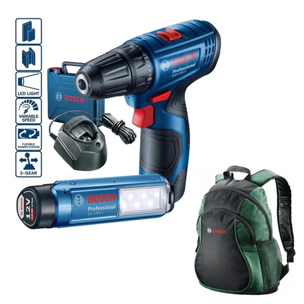 Bosch Professional GSR 120-LI  2 Ah Çift Akülü Vidalama Makinası ve GLI 12V-300 Lamba + Bosch Sırt Çantası ürün görseli 1