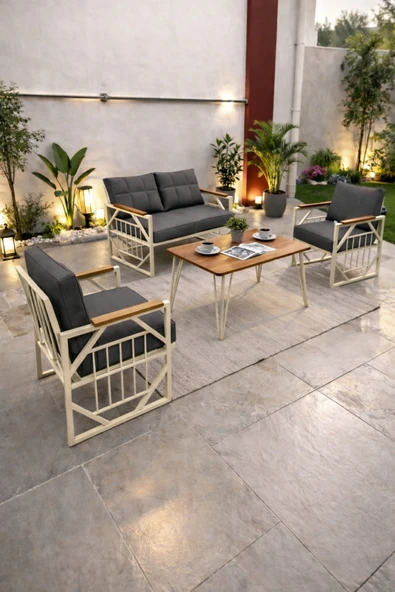 UFUK HOME Violet Cappuccino 2+1+1 Masalı Antrasit Minderli Metal Balkon Bahçe Oturma Grubu ürün görseli 1