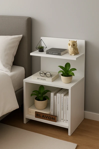 Projemob Modern Beyaz 3 Raflı Komodin & Yan Sehpa – Kitaplık ve Başucu Sehpası ürün görseli 1