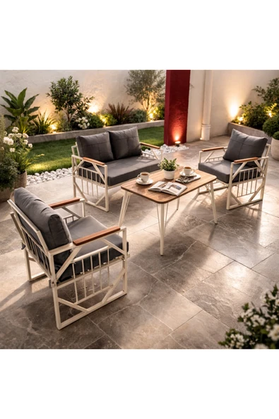 UFUK HOME Violet Krem 2+1+1 Masalı Bahçe Oturma Grubu Minderli Metal Ahşap Detaylı Balkon Teras Takımı ürün görseli 1