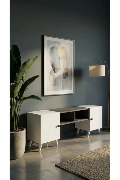 Projemob Miramob 2 Kapaklı ve 2 Açık Bölmeli Modern TV Ünitesi 132 cm Ayaklı TV Sehpası Antrasit Beyaz ürün görseli 1