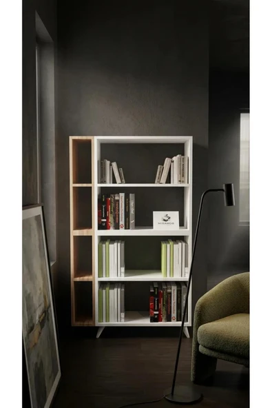 Projemob Miramob 8 Bölmeli Modern Kitaplık Çok Amaçlı Ofis Dosya ve Dekoratif Sergileme Rafı Safir Meşe Beyaz ürün görseli 1