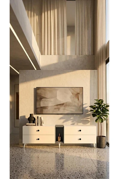 Projemob Miramob 4 Çekmeceli Modern TV Ünitesi 149 cm Ayaklı TV Sehpası Antrasit Beyaz ürün görseli 1