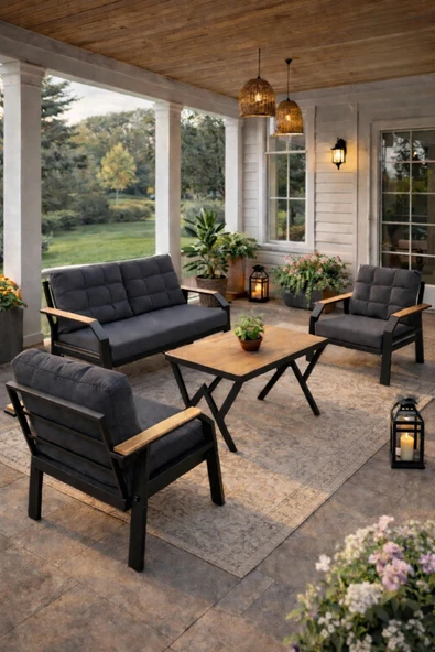 Ard & Garden Kavacık 2+1+1 Masalı Gri Bahçe Oturma Takımı Balkon, Teras, Veranda, Minderli Metal Koltuk Takımı ürün görseli 1