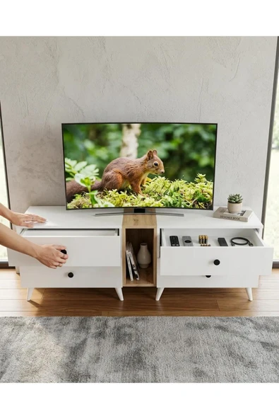 Projemob Miramob 4 Çekmeceli Modern TV Ünitesi 149 cm Ayaklı TV Sehpası Antrasit Beyaz ürün görseli 1