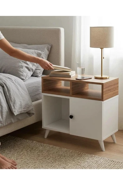 Projemob Miramob Kapaklı ve 2 Bölmeli Modern Başucu Sehpası Geniş Komodin Safir Meşe Beyaz ürün görseli 1