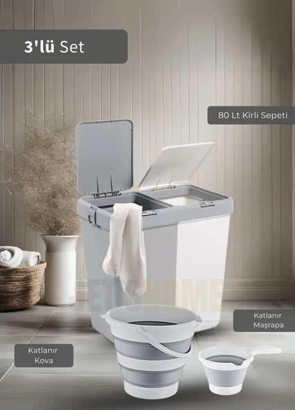3'lü Banyo Seti Çamaşır Sepeti Katlanır Kova Katlanır Maşrapa BPA Free ürün görseli 1