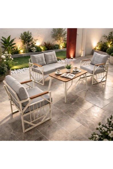 UFUK HOME Violet Krem 2+1+1 Masalı Gri Bahçe Oturma Grubu Minderli Metal Ahşap Detaylı Balkon Teras Takımı ürün görseli 1