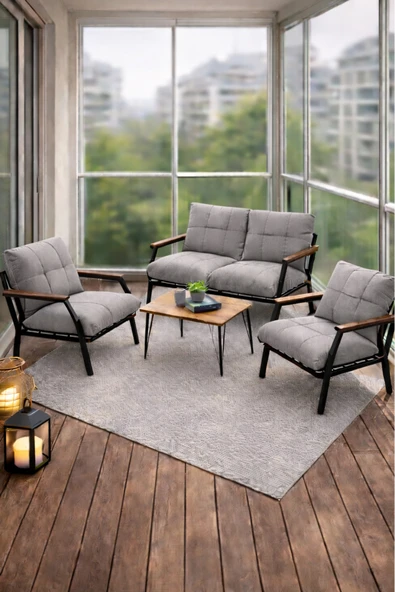 UFUK HOME Sehpalı Açıkgri Fermuarlı Bahçe Balkon Takımı, Cafe, Salon - Metal Kanepe Koltuk Takımı ürün görseli 1