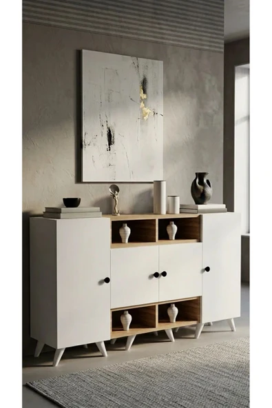 Projemob Miramob 4 Kapaklı ve 4 Bölmeli Modern Geniş Şifonyer Konsol Antre Ünitesi 132 cm Safir Meşe Beyaz ürün görseli 1