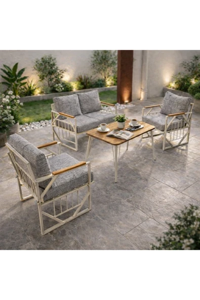 UFUK HOME Violet Krem 2+1+1 Masalı Gri Bahçe Oturma Grubu Minderli Metal Ahşap Detaylı Balkon Teras Takımı ürün görseli 1