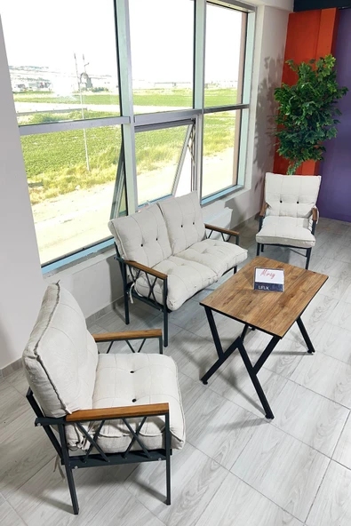 UFUK HOME Miray 211 Masalı Krem Fermuarlı Bahçe Balkon Takımı, Salon, Teras- Berjer Düğmeli Metal Çay Seti ürün görseli 1