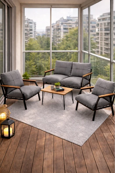 UFUK HOME Linda 211 Sehpalı Gri Fermuarlı Bahçe Balkon Takımı, Cafe, Salon - Metal Kanepe Koltuk Takımı ürün görseli 1