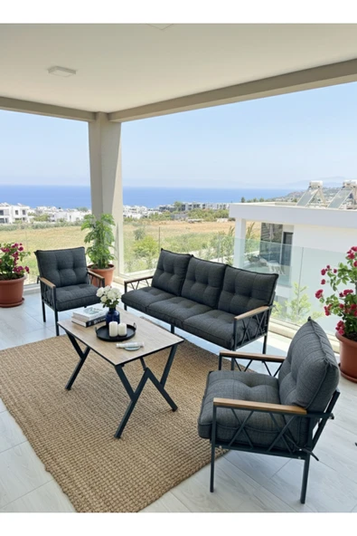 UFUK HOME Miray 311 Masalı Antrasit Fermuarlı Bahçe Balkon Takımı, Salon, Teras- Berjer Düğmeli Metal Çay Seti ürün görseli 1