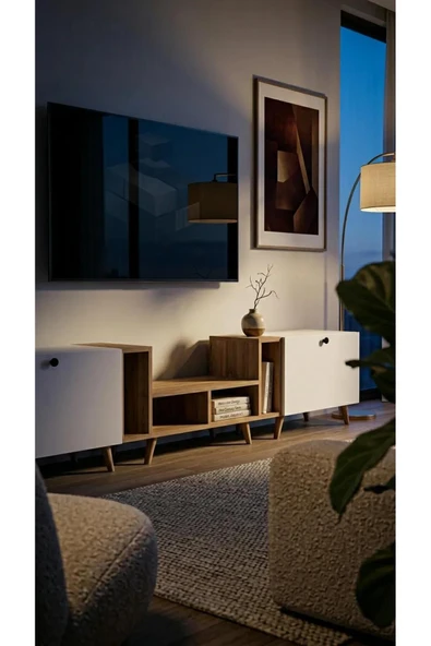 Projemob Miramob 2 Kapaklı 6 Açık Bölmeli TV Ünitesi 231 cm Geniş Duvar Ünitesi TV Sehpası Safir Meşe Beyaz ürün görseli 1