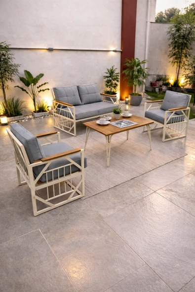 UFUK HOME Violet Cappuccino 2+1+1 Masalı GRİ Minderli Metal Balkon Bahçe Oturma Grubu ürün görseli 1