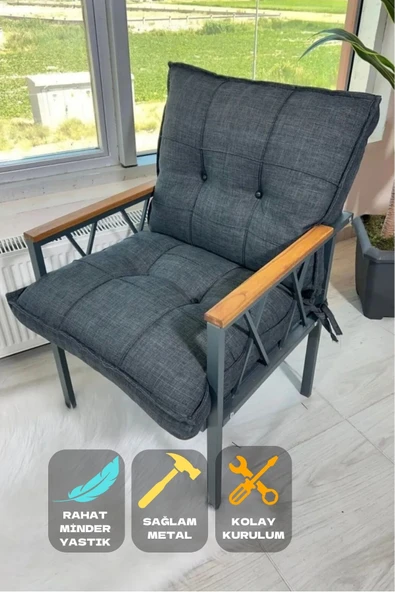 UFUK HOME Miray Düğmeli Antrasit Tekli Koltuk Fermuarlı Keten Kumaş, Modern Konforlu Bahçe Balkon Mobilyası ürün görseli 1