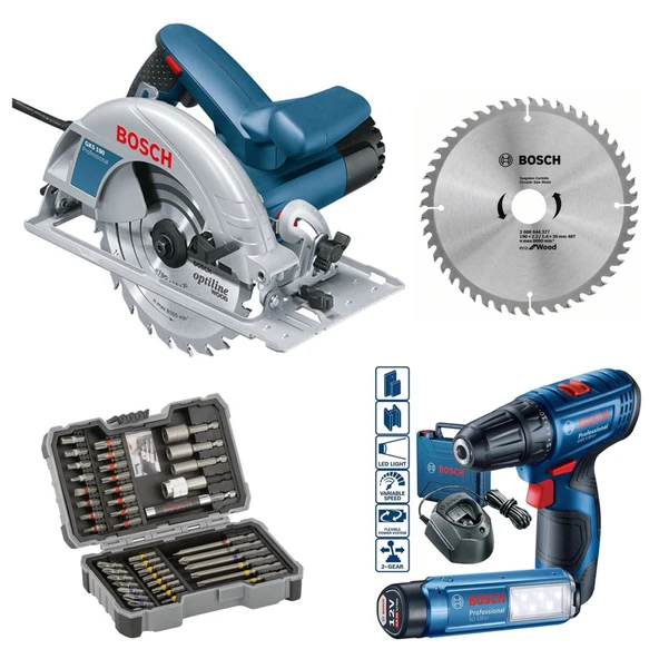 BOSCH Prf. GKS 190 Daire Testere + GSR 120-LI  2 Ah Çift Akülü Vidalama Makinası + 43 Parça Aksesuar Seti ürün görseli 1
