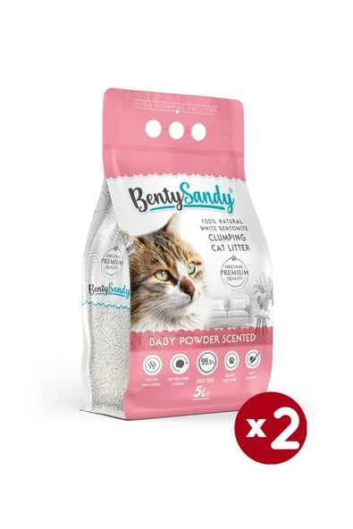 BentySandy Bebek Pudrası Kokulu Topaklanan İnce Taneli Kedi Kumu 5Lx2 ürün görseli 1