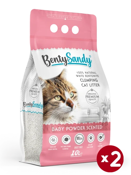 BentySandy Bebek Pudrası Kokulu Topaklanan İnce Taneli Kedi Kumu 10Lx2 ürün görseli 1