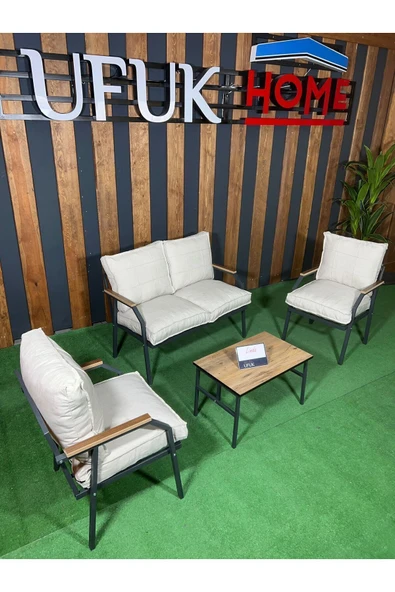 UFUK HOME Linda 211 Sehpalı Krem Fermuarlı Bahçe Balkon Takımı, Cafe, Salon - Metal Kanepe Koltuk Takımı ürün görseli 1