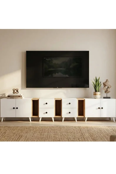 Projemob MiraMob 4 Kapaklı 4 Çekmeceli ve Açık Raflı Geniş Tv Ünitesi - Konsol - Safir Meşe Beyaz ürün görseli 1