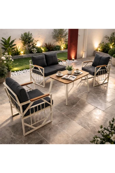 UFUK HOME Violet Krem 2+1+1 Masalı Bahçe Oturma Grubu Minderli Metal Ahşap Detaylı Balkon Teras Takımı ürün görseli 1