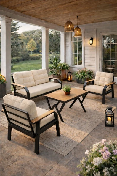 Ard & Garden Kavacık 2+1+1 Masalı Gri Bahçe Oturma Takımı Balkon, Teras, Veranda, Minderli Metal Koltuk Takımı ürün görseli 1