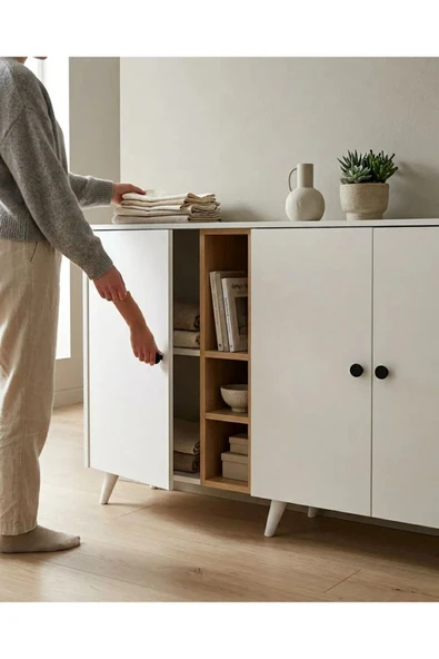 Projemob Miramob 4 Kapaklı ve 2 Bölmeli Modern Dev Şifonyer Konsol Antre Ünitesi 147 cm Safir Meşe Beyaz ürün görseli 1