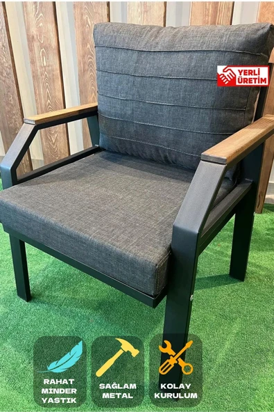 UFUK HOME Kavacık Tekli Koltuk Antrasit Fermuarlı Keten Kumaş, Modern Metal Konforlu Bahçe Balkon Mobilyası ürün görseli 1