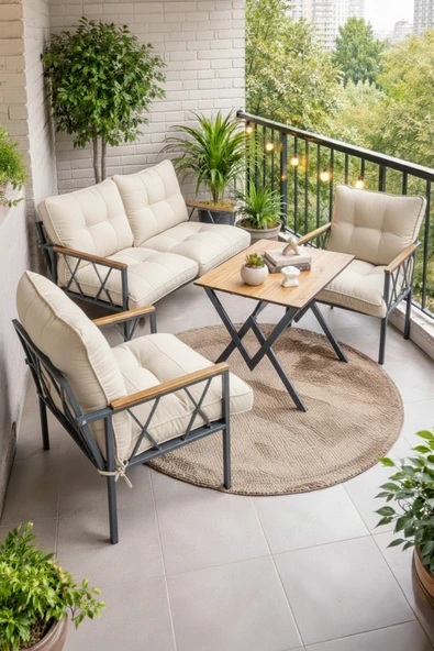UFUK HOME Miray 211 Masalı Krem Fermuarlı Bahçe Balkon Takımı, Salon, Teras- Berjer Düğmeli Metal Çay Seti ürün görseli 1