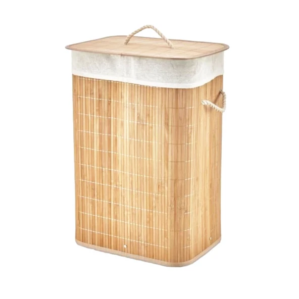 DİKDÖRTGEN BAMBU AHŞAP KİRLİ ÇAMAŞIR SEPETİ 40X30X60CM SEYYAR KAPAKLI İÇİ BEZLİ İP KULPLU GO53/00924 ürün görseli 1