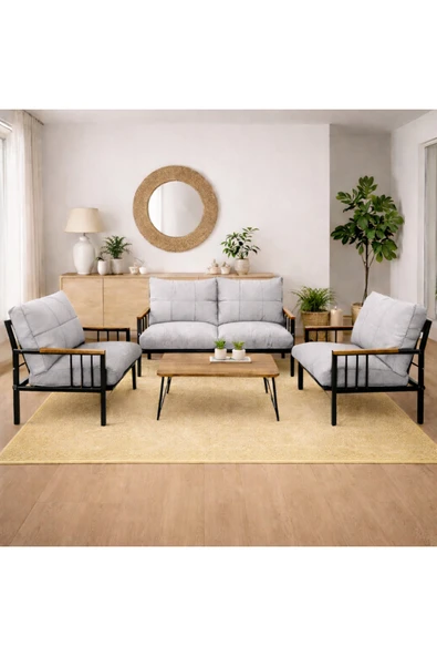UFUK HOME Milas 211 Sehpalı Açık Gri Fermuarlı Bahçe Balkon Takımı, Cafe, Salon - Metal Kanepe Koltuk Takımı ürün görseli 1