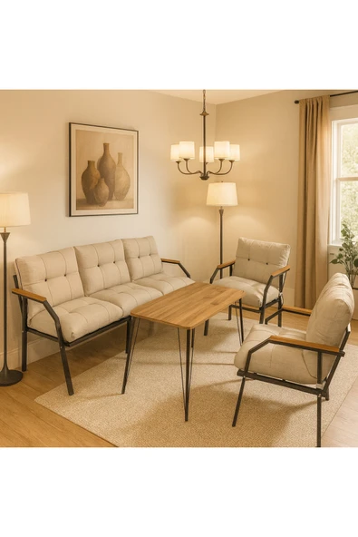 UFUK HOME Milas 311 Masalı Krem Fermuarlı Bahçe Balkon Takımı, Cafe, Salon - Metal Kanepe Koltuk Takımı ürün görseli 1