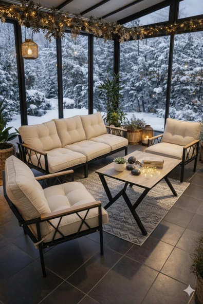 UFUK HOME Miray 311 Masalı Krem Fermuarlı Bahçe Balkon Takımı, Salon, Teras- Berjer Düğmeli Metal Çay Seti ürün görseli 1