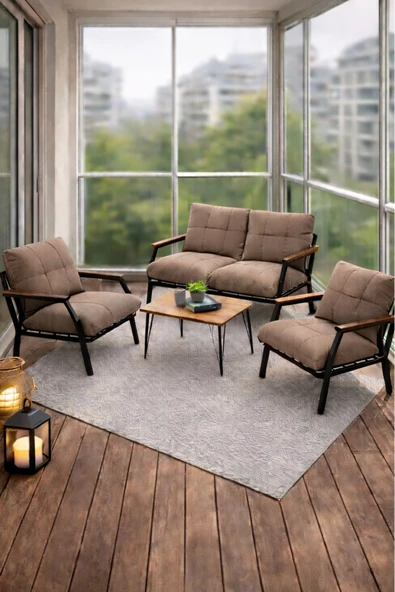 UFUK HOME Linda 211 Sehpalı Kahverengi Fermuarlı Bahçe Balkon Takımı, Cafe, Salon - Metal Kanepe Koltuk Takımı ürün görseli 1
