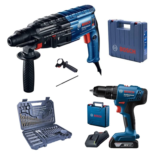 Bosch Professional GSB 183 Tek Akülü 2 Ah Darbeli Matkap Şarjlı  + GBH 240 Kırıcı Delici + V-Line 103 Parça Aksesuar Seti ürün görseli 1