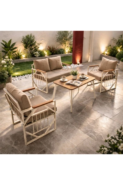 UFUK HOME Violet Krem 2+1+1 Masalı Bahçe Oturma Grubu Minderli Metal Ahşap Detaylı Balkon Teras Takımı ürün görseli 1