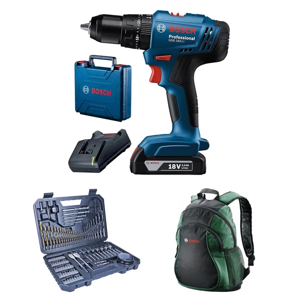 Bosch Professional GSB 183 Tek Akülü 2 Ah Darbeli Matkap Şarjlı + V-Line 103 Parça Karışık Aksesuar Seti+ Bosch Sırt Çantası ürün görseli 1